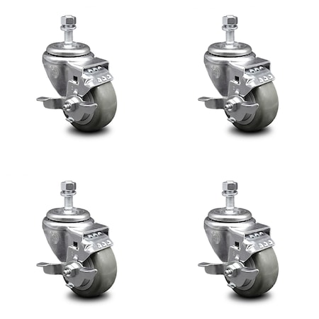 Service Caster 3 Inch Gray Polyurethane Swivel 1/2 Inch Threaded Stem Caster Set with Brake SCC SCC-TS20S314-PPUB-TLB-121315-4